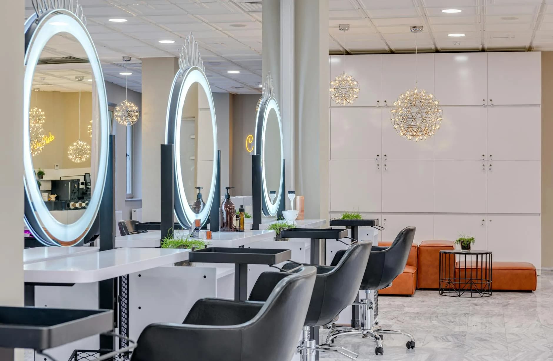 Professional salon interior with stylist stations